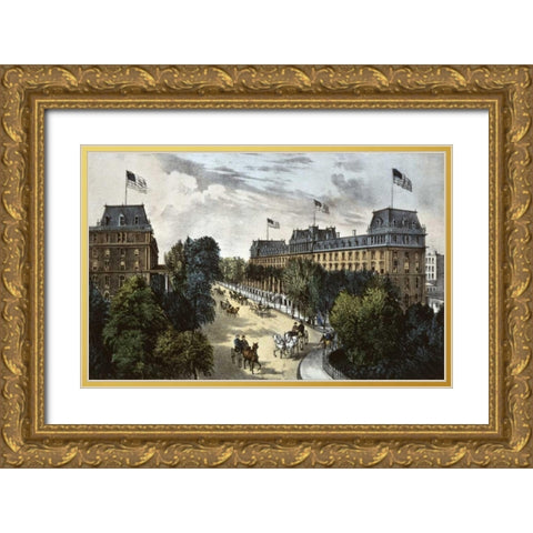 Saratoga Springs Gold Ornate Wood Framed Art Print with Double Matting by Currier and Ives