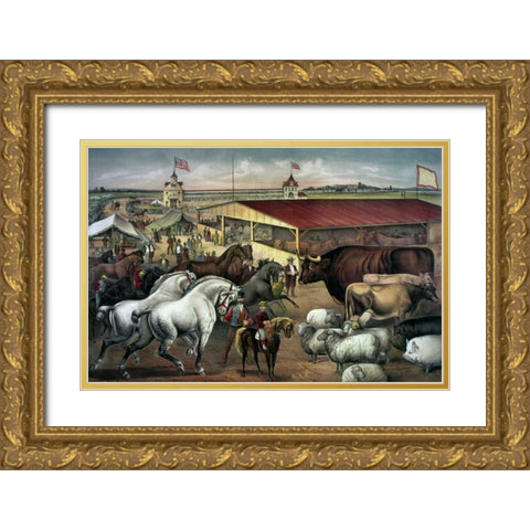Sights at The Fair Ground Gold Ornate Wood Framed Art Print with Double Matting by Currier and Ives