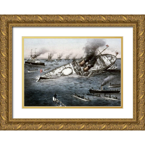 Sinking of The Battleship Victoria Off Tripoli,Syria, June 22, 1893 Gold Ornate Wood Framed Art Print with Double Matting by Currier and Ives