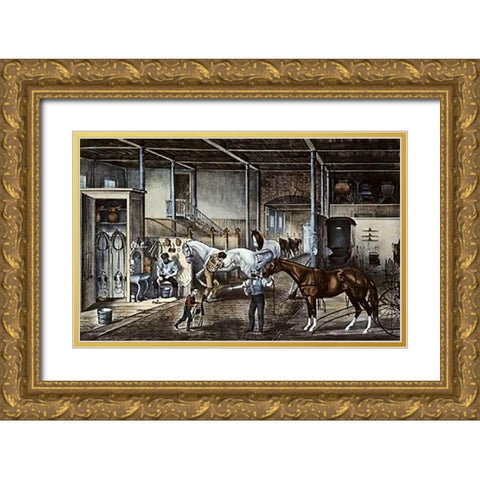 Trotting Cracks at Home a Model Stable Gold Ornate Wood Framed Art Print with Double Matting by Ives, Currier and