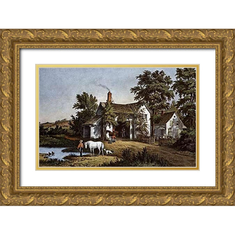 Village Blacksmith Gold Ornate Wood Framed Art Print with Double Matting by Ives, Currier and