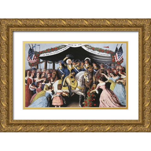 Washingtons Reception, On The Bridge Trenton Gold Ornate Wood Framed Art Print with Double Matting by Currier and Ives