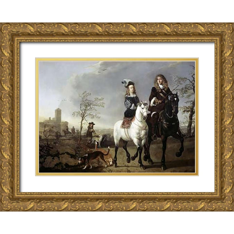 Lady and Gentleman On Horseback Gold Ornate Wood Framed Art Print with Double Matting by Cuyp, Aelbert