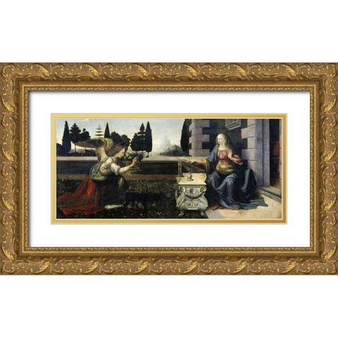 Annunciation Gold Ornate Wood Framed Art Print with Double Matting by Da Vinci, Leonardo