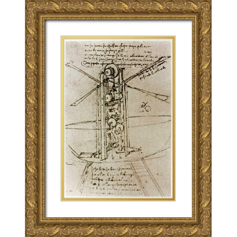 Drawing of a Flying Machine Gold Ornate Wood Framed Art Print with Double Matting by Da Vinci, Leonardo