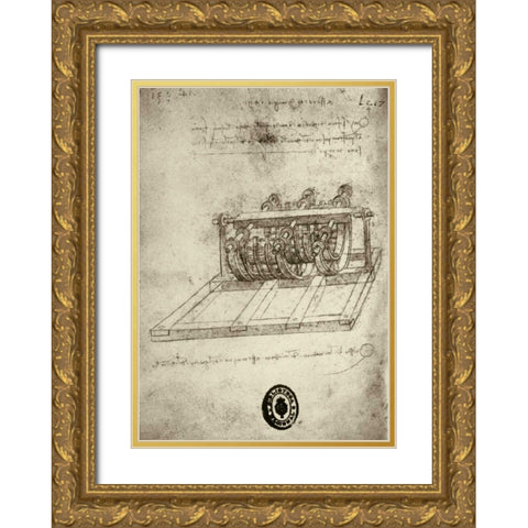 Mechanical Sketches Gold Ornate Wood Framed Art Print with Double Matting by Da Vinci, Leonardo