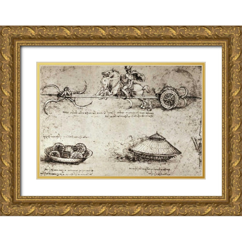 Military Inventions Sketches Gold Ornate Wood Framed Art Print with Double Matting by Da Vinci, Leonardo