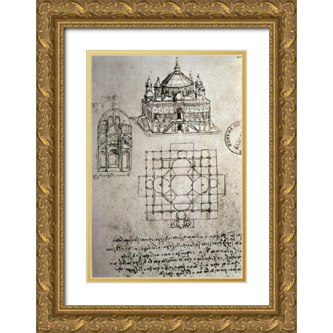 Sketch of a Square Church with Central Dome and Minaret Gold Ornate Wood Framed Art Print with Double Matting by Da Vinci, Leonardo