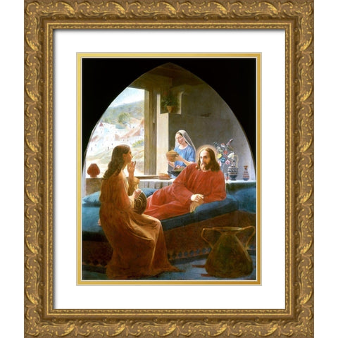 Jesus With Mary and Martha Gold Ornate Wood Framed Art Print with Double Matting by Dalsgaard, Christen