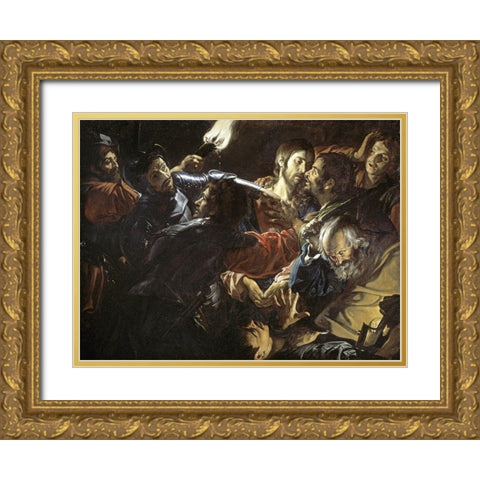 Taking of Christ Gold Ornate Wood Framed Art Print with Double Matting by de Boulogn, Jean Valentin