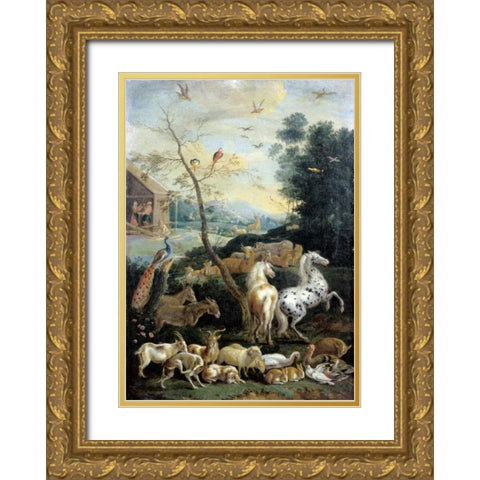 Animals Assembling before the Flood Gold Ornate Wood Framed Art Print with Double Matting by De Hondt, Lambert