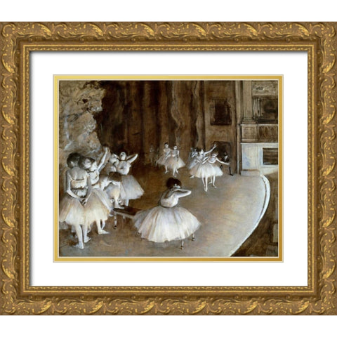 Ballet Rehearsal on the Set, 1874 Gold Ornate Wood Framed Art Print with Double Matting by Degas, Edgar
