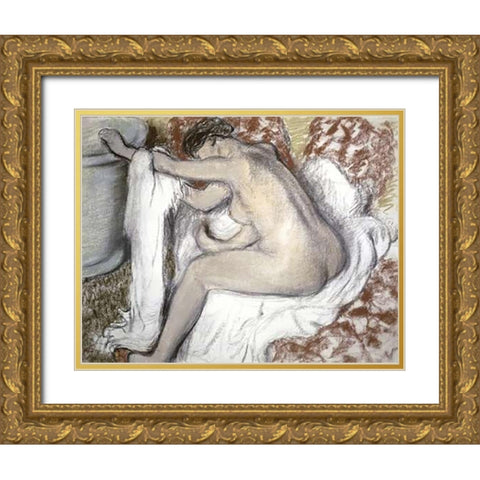 Leaving the Bath (Le Sortie du Bain) Gold Ornate Wood Framed Art Print with Double Matting by Degas, Edgar
