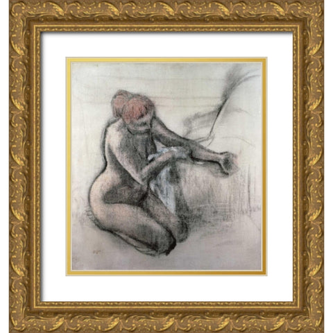 Nude Woman Drying Herself After The Bath Gold Ornate Wood Framed Art Print with Double Matting by Degas, Edgar