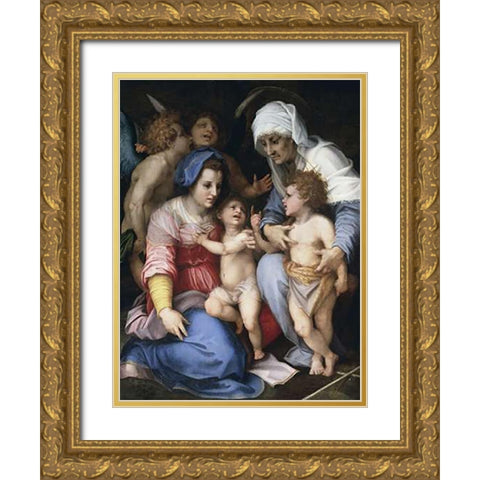 Holy Family With Angels Gold Ornate Wood Framed Art Print with Double Matting by Del Sarto, Andrea