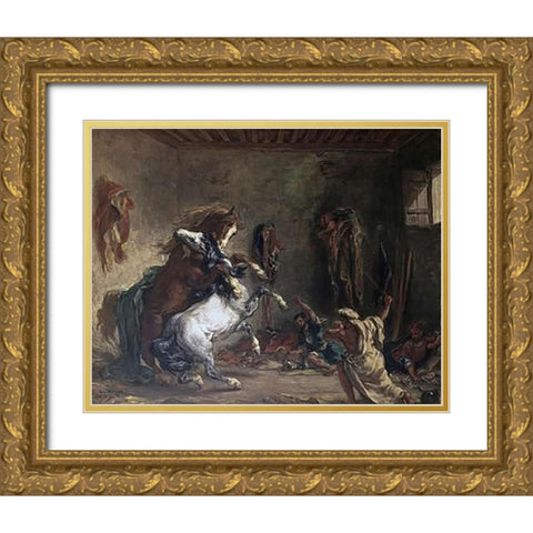 Arabian Horses Fighting In a Stable Gold Ornate Wood Framed Art Print with Double Matting by Delacroix, Eugene