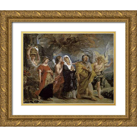 Copy After The Flight of Lot By Rubens Gold Ornate Wood Framed Art Print with Double Matting by Delacroix, Eugene