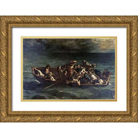 Don Juans Shipwreck Naufrage de Don Juan Gold Ornate Wood Framed Art Print with Double Matting by Delacroix, Eugene
