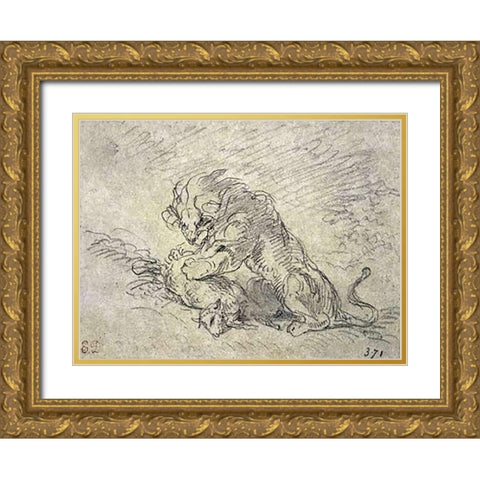 Lion Consuming a Sheep Gold Ornate Wood Framed Art Print with Double Matting by Delacroix, Eugene