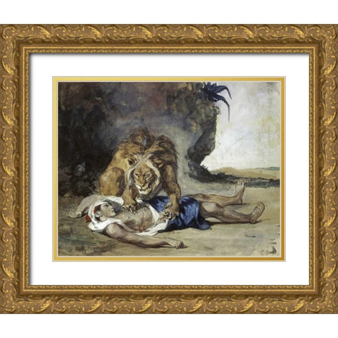 Lion Rending Apart a Corpse Gold Ornate Wood Framed Art Print with Double Matting by Delacroix, Eugene