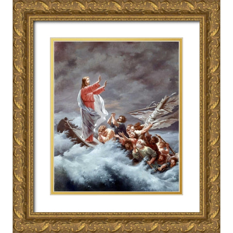 Christ Stilling The Tempest Gold Ornate Wood Framed Art Print with Double Matting by Dietrich, Christian W.E.