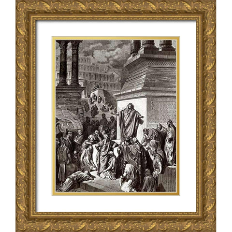 Jonah Telling of Ninevehs Coming Vanquishment Gold Ornate Wood Framed Art Print with Double Matting by Dore, Gustave