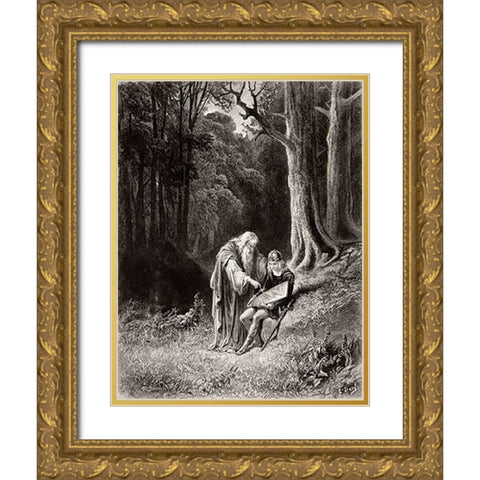 Merlin Paints The Young Knights Shield Gold Ornate Wood Framed Art Print with Double Matting by Dore, Gustave