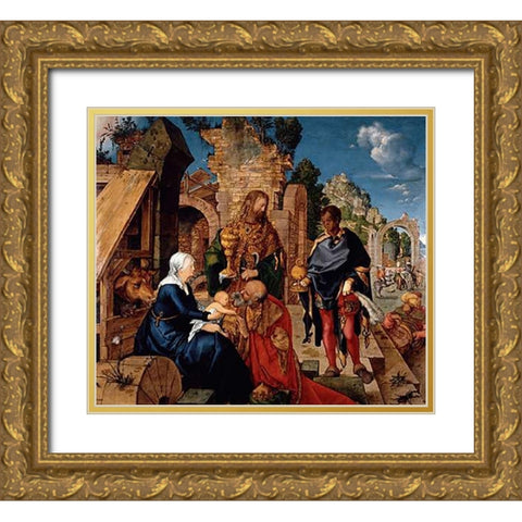 Adoration of The Magi Gold Ornate Wood Framed Art Print with Double Matting by Durer, Albrecht
