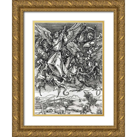 St. Michael Fighting the Dragon Gold Ornate Wood Framed Art Print with Double Matting by Durer, Albrecht