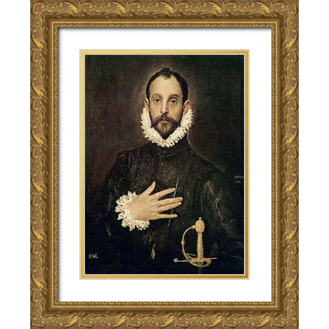Knight With His Hand On His Breast Gold Ornate Wood Framed Art Print with Double Matting by Greco, El