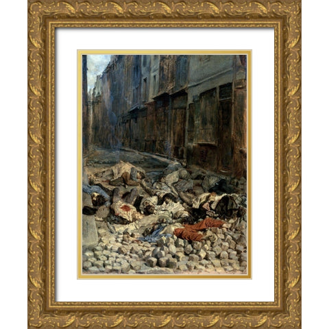 La Barricade, Rue De La Mortellerie Gold Ornate Wood Framed Art Print with Double Matting by Ernest, Jean Louis