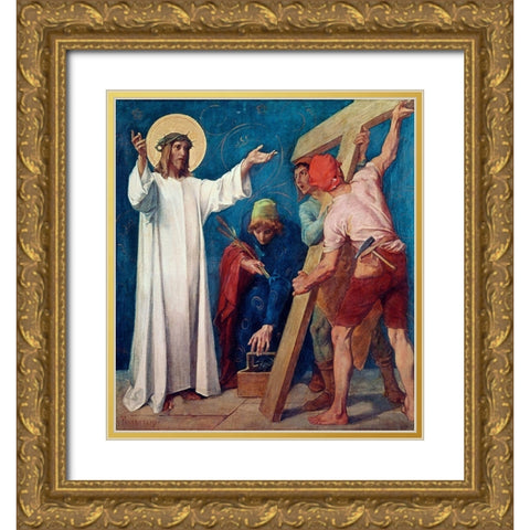 Jesus Carries His Cross, 2nd Station of The Cross Gold Ornate Wood Framed Art Print with Double Matting by Feuerstein, Martin