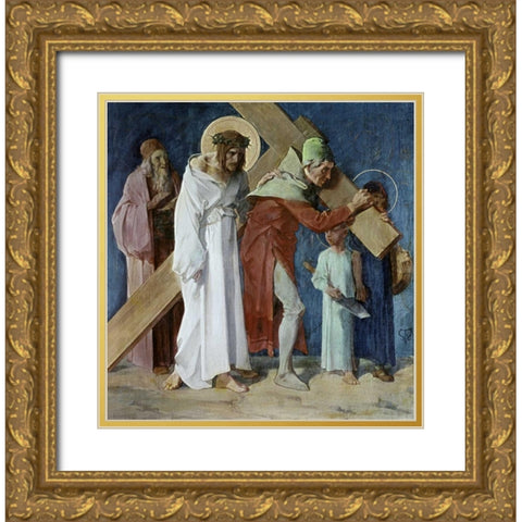 Simon of Cyrene Helps Jesus, 5th Station of The Cross Gold Ornate Wood Framed Art Print with Double Matting by Feuerstein, Martin