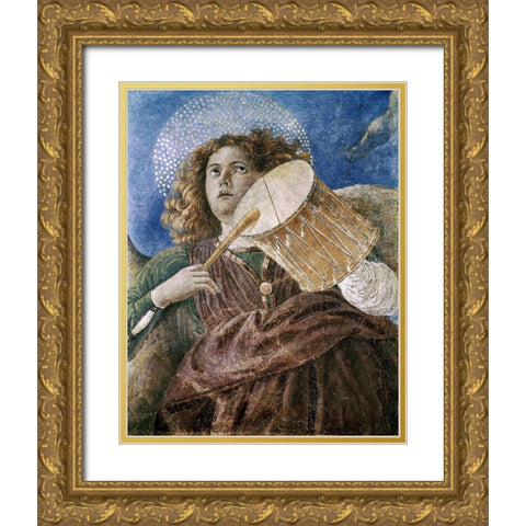 Music Making Angel With Drum Gold Ornate Wood Framed Art Print with Double Matting by Forli, Melozzo da