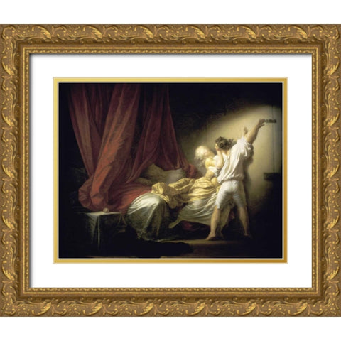 Lock Le Verrou Gold Ornate Wood Framed Art Print with Double Matting by Fragonard, Jean Honore