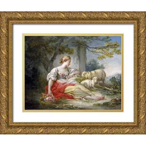 Shepherdess Seated with Sheep and a Basket of Flowers Near a Ruin in a Wooded Landscape Gold Ornate Wood Framed Art Print with Double Matting by Fragonard, Jean Honore