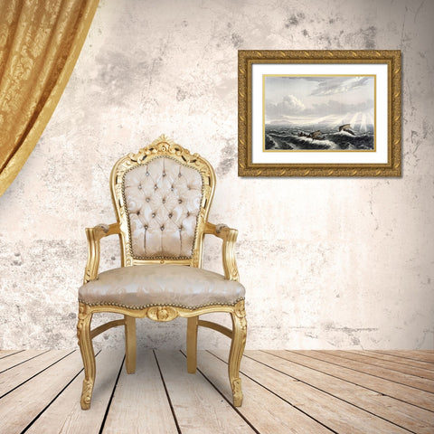 Canoe Broaching To In a Gale of Wind at Sunrise Gold Ornate Wood Framed Art Print with Double Matting by Franklin, John