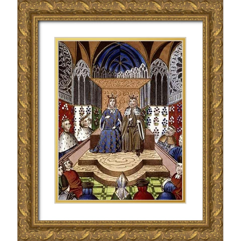 King of France and Emperor of Germany In Conference Gold Ornate Wood Framed Art Print with Double Matting by Froissart, Jean