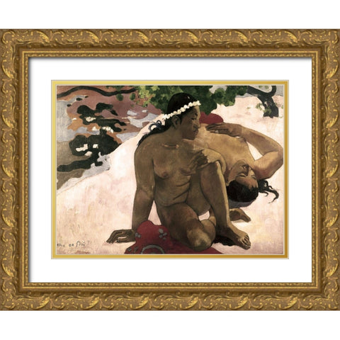 Aha Oe Feii? (Are You Jealous?) Gold Ornate Wood Framed Art Print with Double Matting by Gauguin, Paul