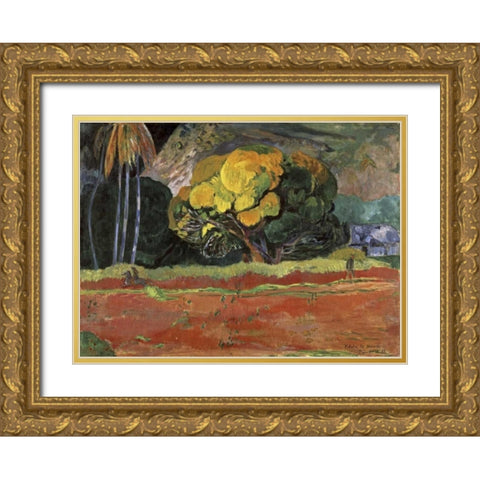 At the Foot of a Mountain - Fatata Te Moua Gold Ornate Wood Framed Art Print with Double Matting by Gauguin, Paul
