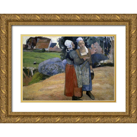 Paysannes Bretonnes Gold Ornate Wood Framed Art Print with Double Matting by Gauguin, Paul