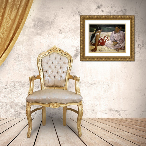 Tahitian Women - On The Beach Gold Ornate Wood Framed Art Print with Double Matting by Gauguin, Paul