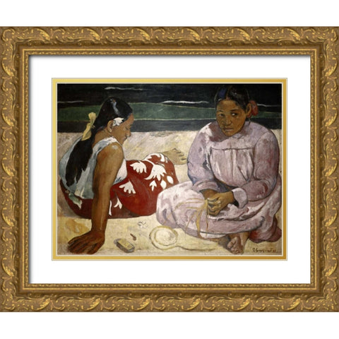 Tahitian Women - On The Beach Gold Ornate Wood Framed Art Print with Double Matting by Gauguin, Paul