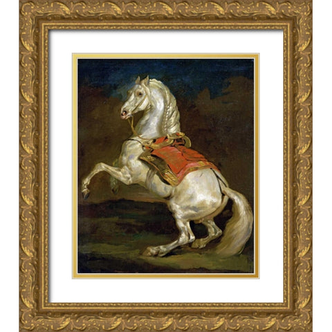 Rearing Horse - Cheval Cabre Gold Ornate Wood Framed Art Print with Double Matting by Gericault, Theodore