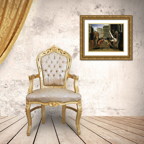 Two Coaches Gold Ornate Wood Framed Art Print with Double Matting by Gillot, Claude