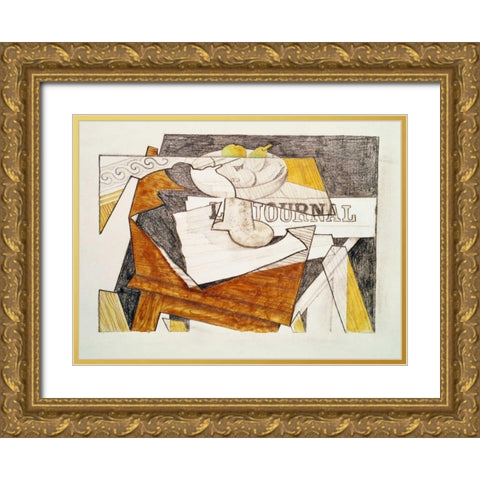 Still Life With a Newspaper and a Wooden Table Gold Ornate Wood Framed Art Print with Double Matting by Gris, Juan