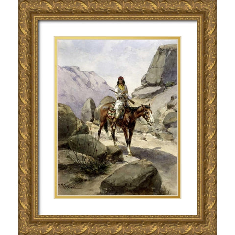Indian On Horseback Gold Ornate Wood Framed Art Print with Double Matting by Hansen, Herman Wendelborg