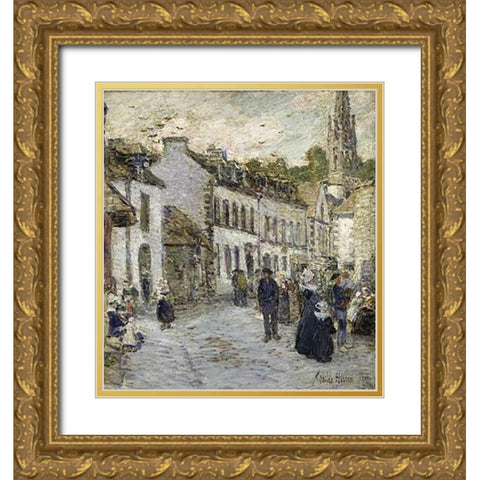 Street In Pont Aven In Evening Gold Ornate Wood Framed Art Print with Double Matting by Hassam, Childe