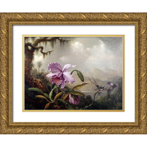 Hummingbirds and Orchids Gold Ornate Wood Framed Art Print with Double Matting by Heade, Martin Johnson