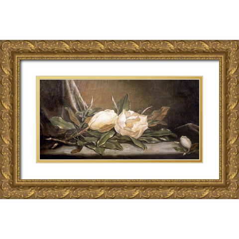 White Magnolias On a Blue Cloth Gold Ornate Wood Framed Art Print with Double Matting by Heade, Martin Johnson